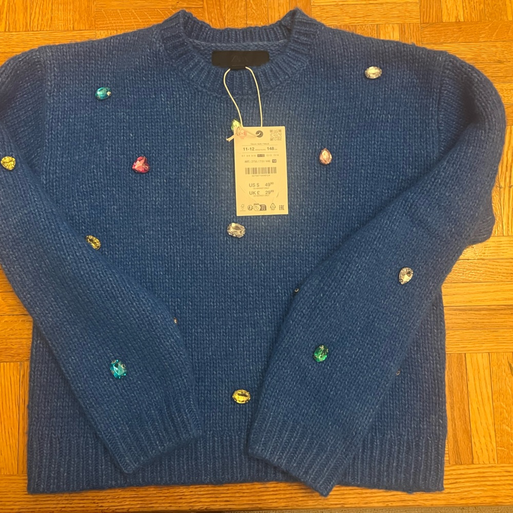 Zara Blue Knit Sweater with Multicolor Gem Embellishments